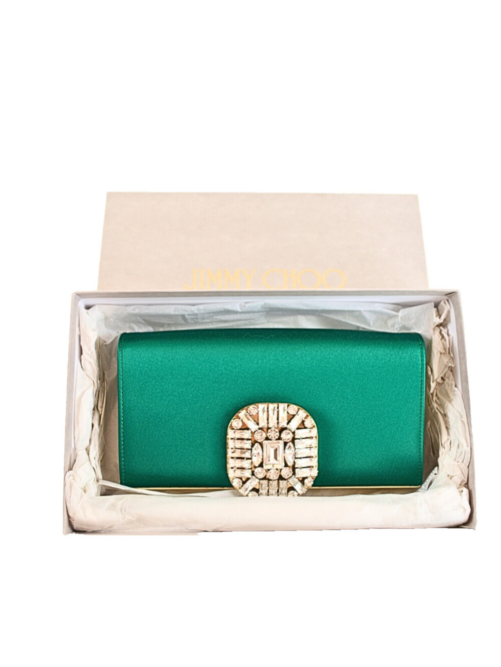 Jimmy Choo LEONIS Crystal Titania Jeweled Chain Shoulder Bag Green Satin Clutch
